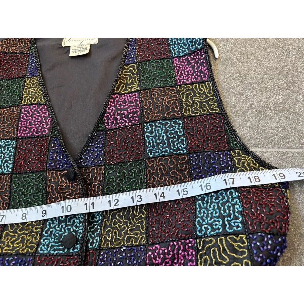 Spenser Jeremy Vintage Multicolor & Blk Beaded Sequin Embellished 100% Silk Vest - Picture 14 of 15